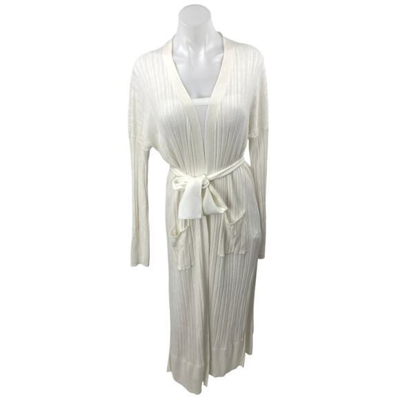 Charli Women's White Linen Rib Knit Long Sleeve Belted Pocket Maxi Robe Size M - Picture 1 of 5
